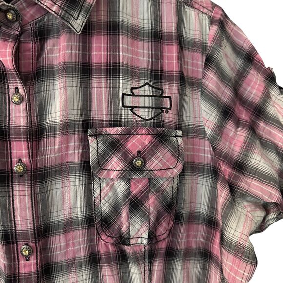 Harley-Davidson Pink Lavel Black and Pink Plaid Short Sleeve Button Up Blouse M - Picture 5 of 8